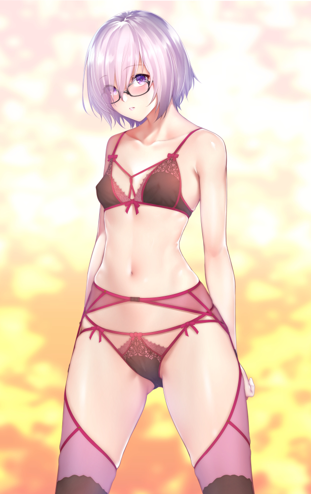 1girl bangs bare_arms bare_shoulders black-framed_eyewear blush bow bow_bra bow_panties bra breasts collarbone commentary_request eyebrows_visible_through_hair fate/grand_order fate_(series) garter_belt glasses gradient gradient_background hair_over_one_eye lingerie looking_at_viewer mash_kyrielight navel panties parted_lips pink_hair purple_eyes shiny shiny_hair shiny_skin short_hair simple_background small_breasts solo stomach thighhighs underwear zucchini