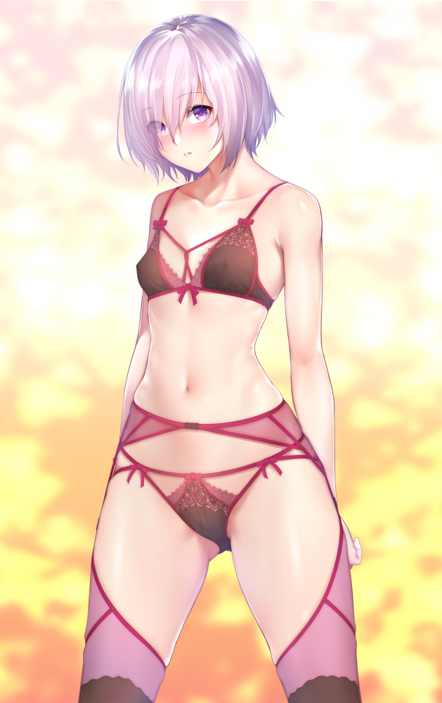 1girl bangs bare_arms bare_shoulders blush bow bow_bra bow_panties bra breasts collarbone commentary_request eyebrows_visible_through_hair fate/grand_order fate_(series) garter_belt gradient gradient_background hair_over_one_eye lingerie looking_at_viewer mash_kyrielight navel panties parted_lips pink_hair purple_eyes shiny shiny_hair shiny_skin short_hair simple_background small_breasts solo stomach thighhighs underwear zucchini