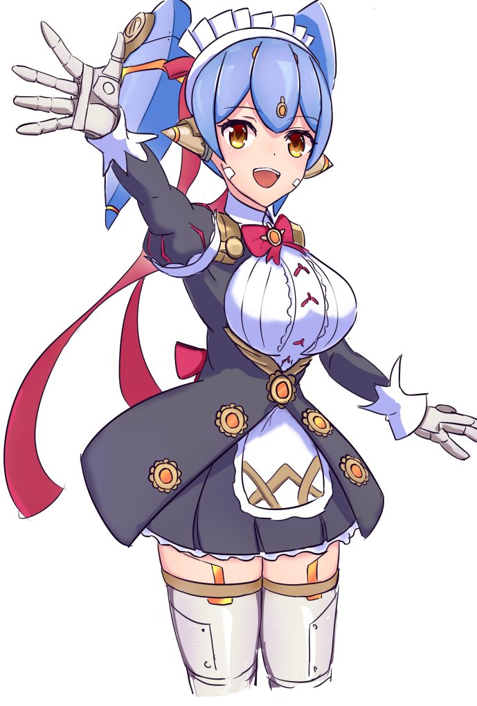 1girl android breasts gloves hana_(xenoblade) hana_jk large_breasts looking_at_viewer maid maid_headdress open_mouth orange_eyes purple_hair ribbon robot_joints short_hair simple_background smile solo tirari9336 twintails waving white_background xenoblade_(series) xenoblade_2