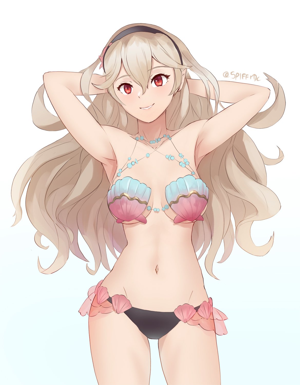 1girl arms_up bikini black_hairband female_my_unit_(fire_emblem_if) fire_emblem fire_emblem_cipher fire_emblem_if hairband highres long_hair my_unit_(fire_emblem_if) navel pointy_ears red_eyes shell shell_bikini simple_background solo spiffydc swimsuit twitter_username white_background white_hair