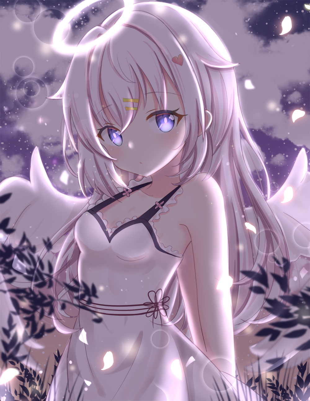 1girl bangs bare_arms bare_shoulders blue_eyes blush breasts closed_mouth cloud cloudy_sky collarbone commentary_request dress eyebrows_visible_through_hair feathered_wings glowing glowing_eyes hair_between_eyes hair_ornament hairclip head_tilt heart heart_hair_ornament highres long_hair original outdoors satori_(ymoy) silver_hair sky sleeveless sleeveless_dress small_breasts solo very_long_hair white_dress white_wings wings
