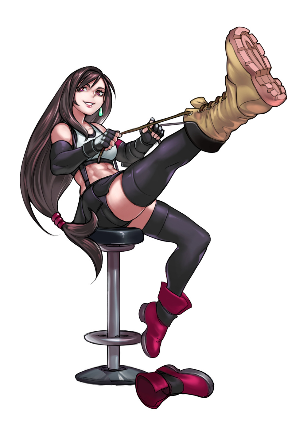 1girl abs alternate_footwear ankle_boots bar_stool bike_shorts black_gloves black_hair black_skirt boots breasts combat_boots detached_sleeves earrings final_fantasy final_fantasy_vii final_fantasy_vii_remake fingerless_gloves full_body gloves highres jewelry leg_lift leg_up lips long_hair looking_at_viewer low-tied_long_hair medium_breasts midriff mismatched_footwear plantar_flexion purple_eyes shorts shorts_under_skirt sitting skirt solo sports_bra stool suspender_skirt suspenders thighhighs tifa_lockhart toned voodoothur white_background