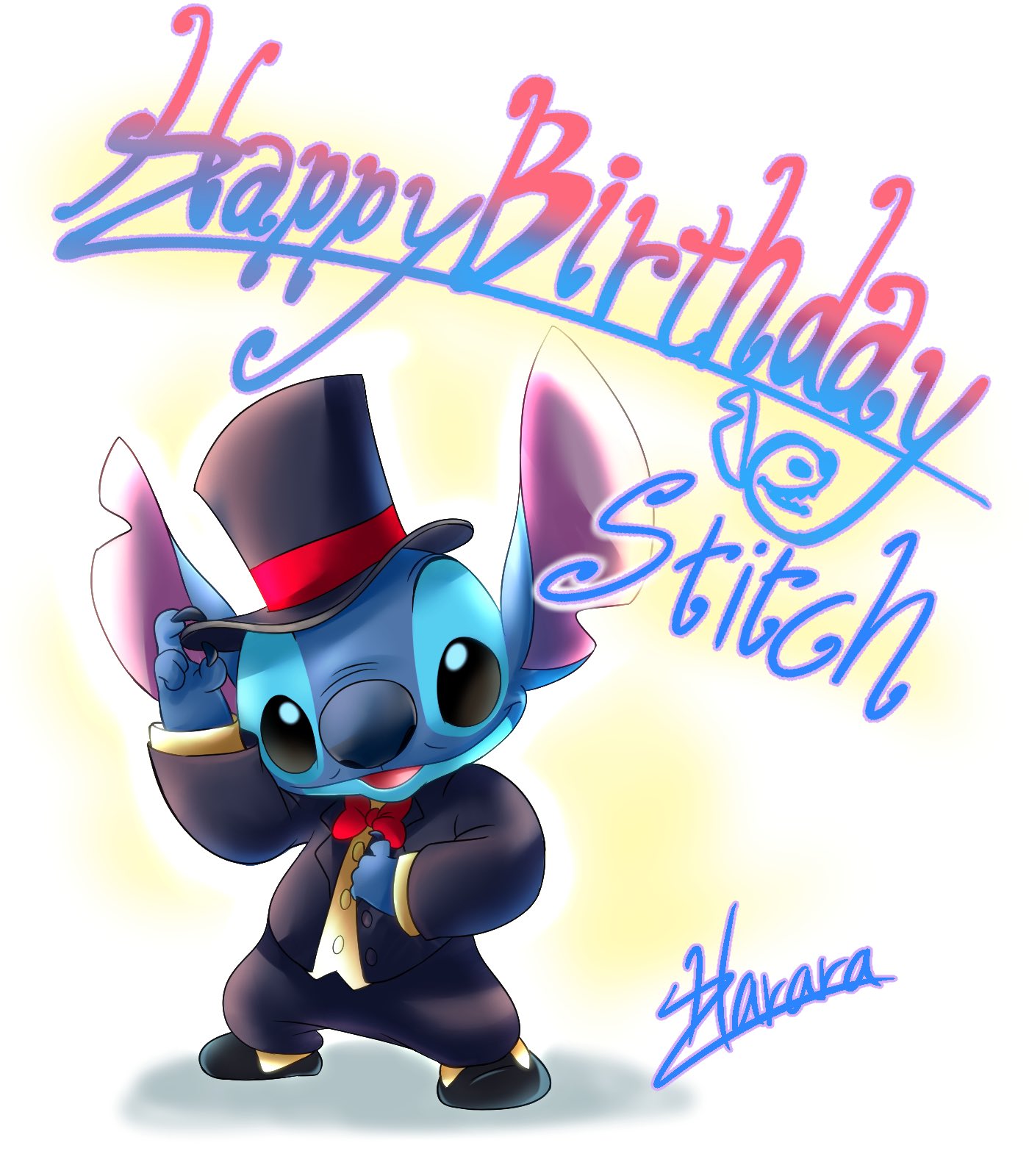 2019 4_fingers alien birthday black_eyes blue_claws blue_nose bow_tie claws clothed clothing disney english_text experiment_(species) footwear fully_clothed happy_birthday harara hat headgear headwear hi_res lilo_and_stitch looking_at_viewer notched_ear shoes signature smile solo standing stitch text top_hat tuxedo