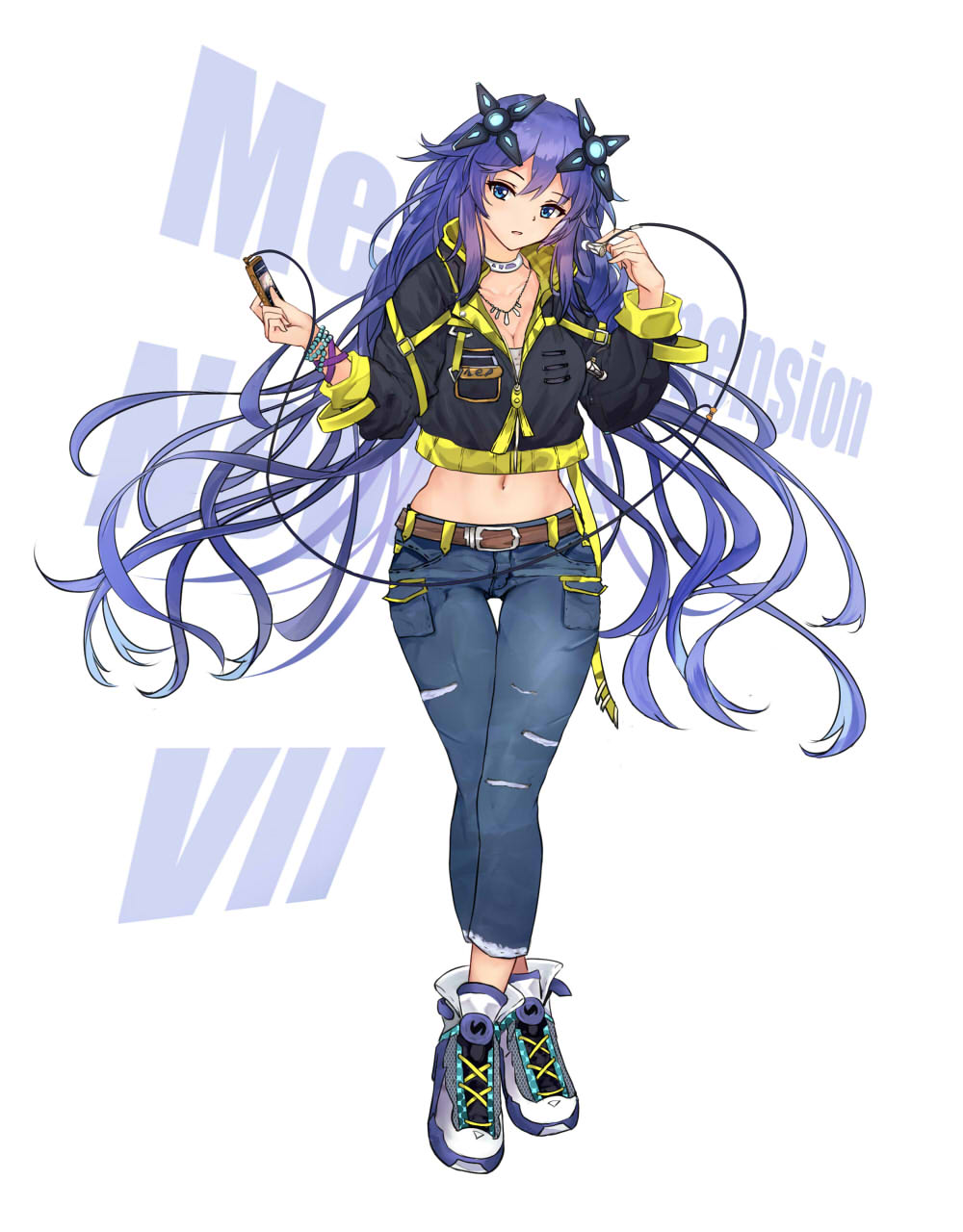 1girl alternate_costume background_text bangs belt belt_buckle black_jacket blue_eyes breast_pocket breasts buckle casual cleavage collarbone crossed_legs denim full_body hair_ornament highres jacket jeans jewelry large_breasts long_hair long_sleeves medium_breasts navel necklace neptune_(series) next_purple pants parted_lips pocket purple_hair purple_heart shin_jigen_game_neptune_vii shoes solo thigh_gap very_long_hair watson_cross white_background white_crow white_footwear wristband