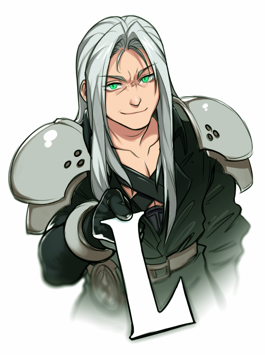 black_gloves final_fantasy final_fantasy_vii gloves green_eyes hair_intakes highres letter long_hair looking_at_viewer male_focus outstretched_hand sephiroth shoulder_pads silver_hair slit_pupils solo voodoothur