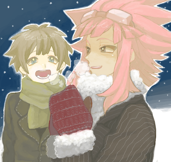 2boys blue_eyes blush brown_hair commentary dark_skin dark_skinned_male drawr goggles inazuma_eleven inazuma_eleven_(series) long_hair male_focus mero_(omigurax) mittens multiple_boys night night_sky open_mouth outdoors pink_hair scarf short_hair sky smile snow star_(sky) starry_sky tachimukai_yuuki tsunami_jousuke winter