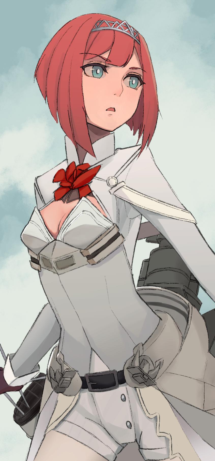 1girl ark_royal_(kantai_collection) bangs belt black_gloves blue_eyes blunt_bangs bob_cut breasts cleavage cleavage_cutout cloud corset day eyebrows_visible_through_hair gloves hairband highres kantai_collection kkkhosuke open_mouth outdoors overskirt red_hair red_neckwear rigging short_hair shorts skirt sky small_breasts solo tiara white_corset white_legwear