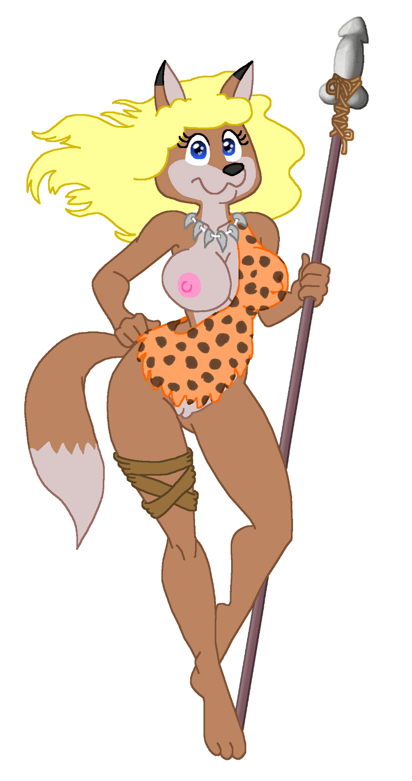 alpha_channel anthro big_breasts blonde_hair blue_eyes breasts canid canine canis christine_foxy dipstick_ears dipstick_tail female fox hair hand_on_hip hi_res holding_object holding_weapon jewelry juice87 looking_at_viewer mammal melee_weapon multicolored_ears multicolored_tail necklace nipples one_breast_out polearm pussy simple_background smile solo spear standing transparent_background tribal weapon