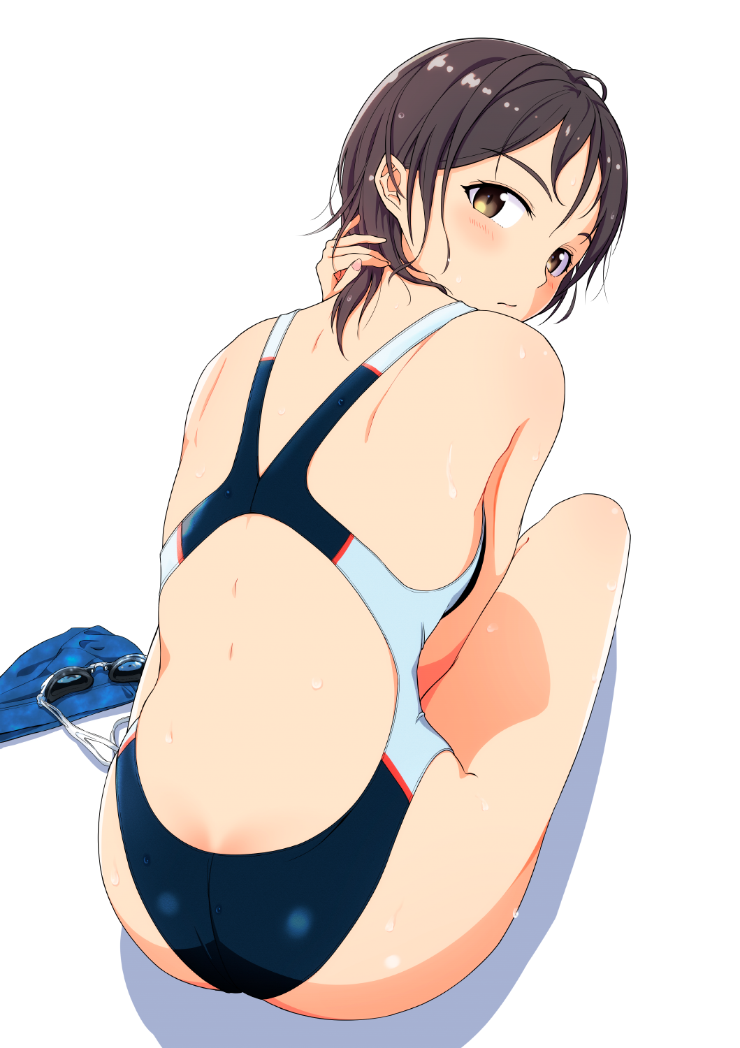 1girl ass black_hair black_swimsuit brown_eyes commentary_request competition_swimsuit from_behind goggles goggles_removed hi_iro highres looking_at_viewer looking_back one-piece_swimsuit original short_hair simple_background solo squatting swim_cap_removed swimsuit white_background