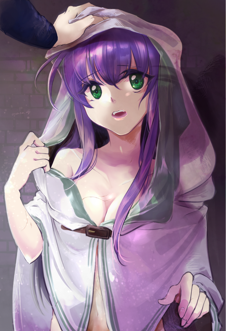 1girl banned_artist belt_buckle breasts buckle cleavage collarbone cyaca_ab eyebrows_visible_through_hair fire_emblem fire_emblem:_akatsuki_no_megami green_eyes hair_between_eyes hand_on_another's_head hood hood_up long_hair long_sleeves medium_breasts open_mouth purple_hair shiny shiny_hair upper_body very_long_hair wayu_(fire_emblem)