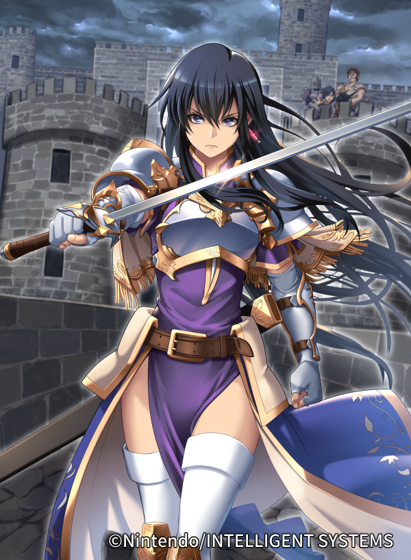 1girl 3boys aira_(fire_emblem) arm_guards armor bag bangs belt black_hair breastplate capelet castle clenched_hand closed_mouth cloud cloudy_sky commentary_request company_name copyright_name dress elbow_gloves fingerless_gloves fire_emblem fire_emblem:_seisen_no_keifu fire_emblem_cipher gloves helmet holding holding_sword holding_weapon i-la jewelry long_hair looking_at_viewer multiple_boys official_art outdoors purple_dress purple_eyes serious sheath shiny shiny_hair short_sleeves shoulder_armor shoulder_bag sky standing sword thighhighs weapon white_gloves white_legwear