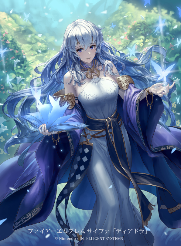 1girl bare_shoulders book breasts bug butterfly circlet commentary_request copyright cuboon detached_sleeves diadora_(fire_emblem) dress fire_emblem fire_emblem:_seisen_no_keifu fire_emblem_cipher forest full_body hair_between_eyes hands_up headband holding holding_book insect large_breasts long_hair nature official_art open_mouth purple_eyes sideboob sidelocks smile solo standing sunlight torc tree white_hair wide_sleeves