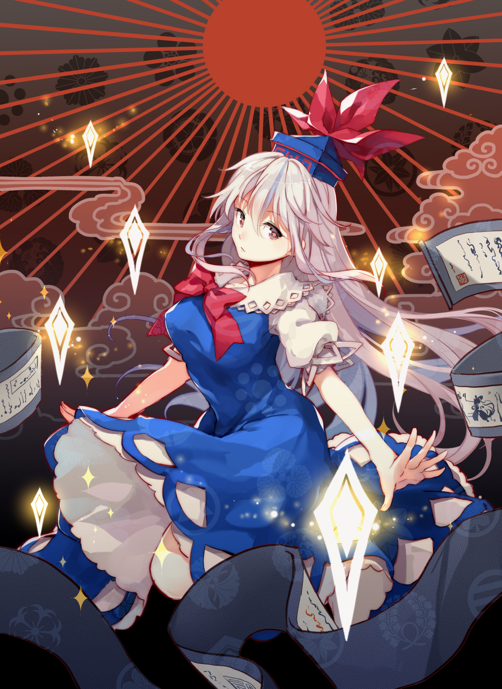 1girl blue_dress blue_headwear bow bowtie cloud_print commentary_request dress floral_background grey_eyes hat highres kamishirasawa_keine long_hair looking_at_viewer red_neckwear scroll short_sleeves silver_hair solo sunburst sunburst_background touhou yetworldview_kaze