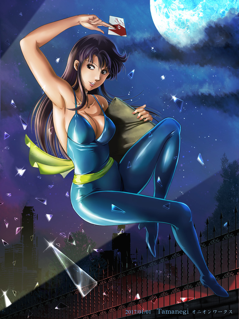 1girl 2017 black_hair blue_bodysuit bodysuit breasts brown_eyes card cat's_eye character_name cleavage collarbone dated full_body holding holding_card kisugi_hitomi long_hair looking_to_the_side medium_breasts moon nail_polish night night_sky outdoors parted_lips pink_nails sideboob sky smile solo straight_hair tamanegiinyo