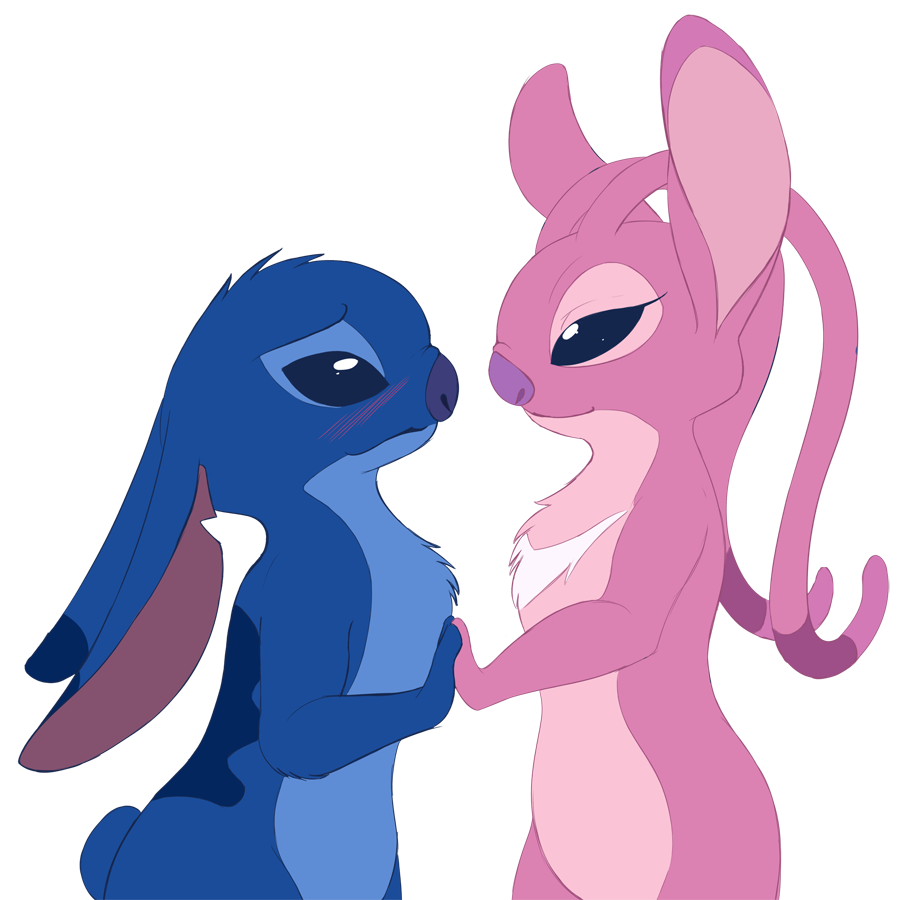 1:1 2019 alien alpha_channel angel_(lilo_and_stitch) antennae_(anatomy) back_markings big_ears blue_eyes blue_fur blue_nose blush chest_markings chest_tuft digital_drawing_(artwork) digital_media_(artwork) disney duo ears_down evilkitsune71290 experiment_(species) eye_contact eyebrows flat_colors fur hand_holding head_tuft lilo_and_stitch looking_at_another markings notched_ear pink_fur pivoted_ears purple_nose raised_inner_eyebrows side_view simple_background small_tail smile stitch transparent_background tuft white_markings