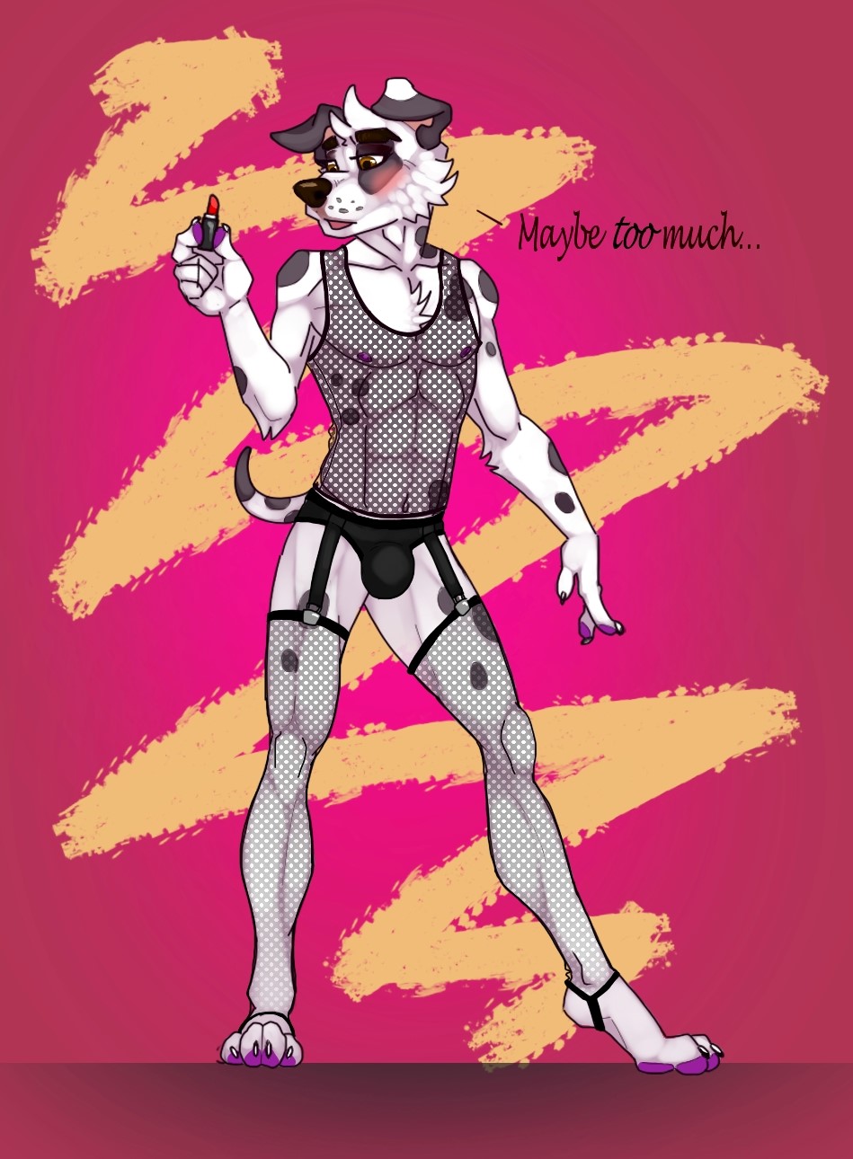 blush bulge canid canine canis clothed clothing costume crossdressing dalmatian dialogue dogbert domestic_dog fishnet fisis floppy_ears girly hi_res leggings legwear lingerie lipstick makeup male mammal purple_paws simple_background spots stockings text underwear