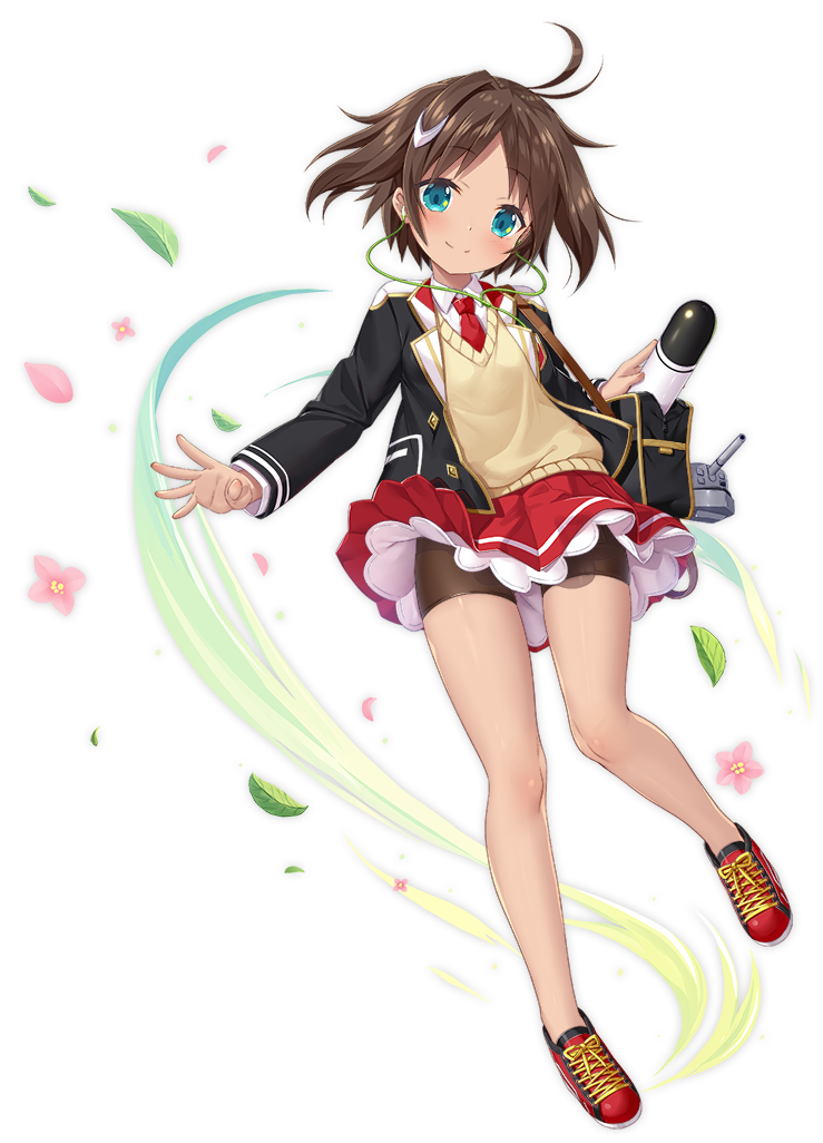 1girl azur_lane bare_legs blue_eyes blush brown_hair cardigan closed_mouth eyebrows_visible_through_hair full_body hair_ornament le_mars_(azur_lane) looking_at_viewer necktie official_art red_footwear red_neckwear red_skirt school_uniform shoes short_hair skirt smile sneakers solo torpedo transparent_background yano_mitsuki