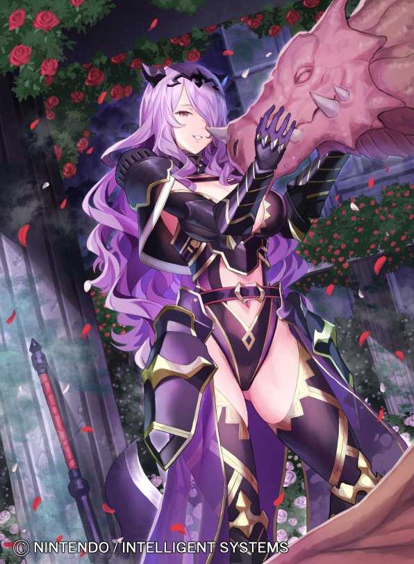 armor ass_visible_through_thighs axe black_armor boots breasts camilla_(fire_emblem_if) cleavage dragon fire_emblem fire_emblem_cipher fire_emblem_if gauntlets groin hair_over_one_eye high_heel_boots high_heels horn_ornament intelligent_systems kousei_horiguchi large_breasts leotard lips long_hair navel official_art pauldrons petals purple_eyes purple_hair rose_petals shoulder_armor tagme thigh_boots thighhighs thighs tiara wavy_hair weapon wyvern zettai_ryouiki