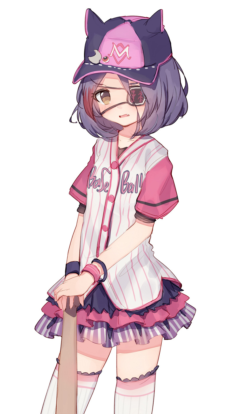 1girl baseball_bat baseball_cap black_hair brown_eyes eyebrows_visible_through_hair eyepatch fang hat hat_with_ears hayasaka_mirei highres idolmaster idolmaster_cinderella_girls looking_at_viewer medium_hair multicolored_hair open_mouth puffy_short_sleeves puffy_sleeves red_hair shone short_sleeves simple_background skirt solo streaked_hair thighhighs two-tone_hair white_background wristband