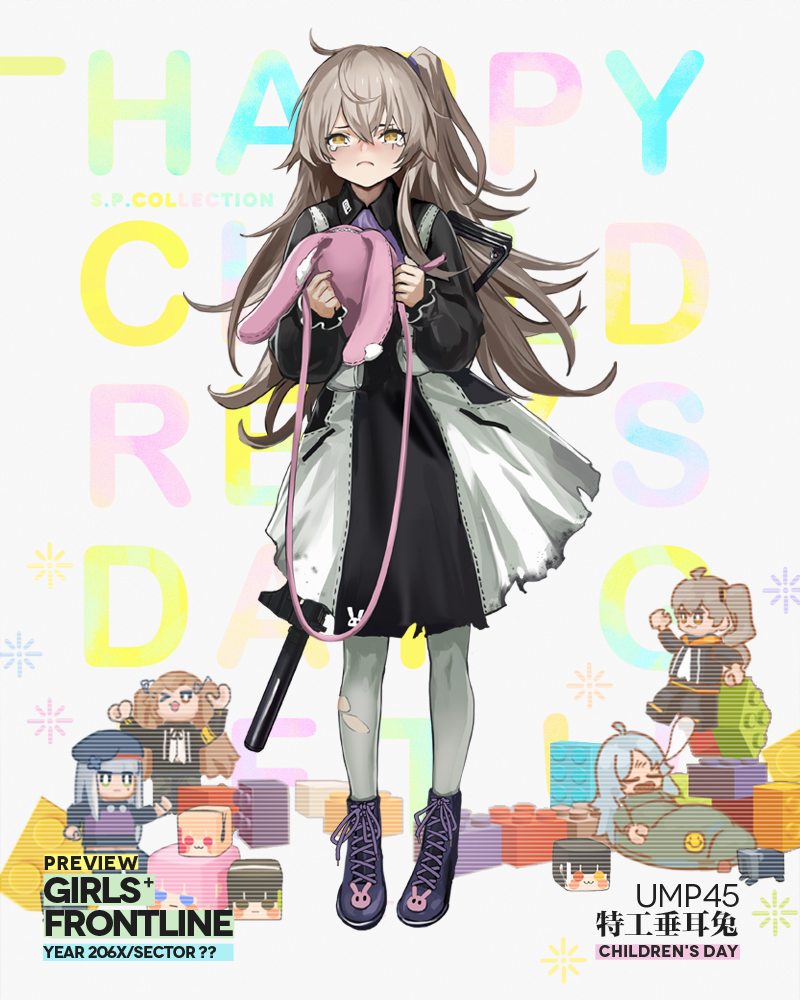 1girl alternate_costume ascot bag bangs black_dress boots brown_eyes character_name collared_dress cross-laced_footwear crossed_bangs crying crying_with_eyes_open curly_hair dress frown full_body girls_frontline grey_hair gun h&amp;k_ump h&amp;k_ump45 hair_between_eyes hair_ornament heckler_&amp;_koch holding holding_bag infukun lace-up_boots long_hair looking_at_viewer official_art one_side_up pantyhose purpel_neckwear purple_footwear scar scar_across_eye shoulder_bag submachine_gun tears torn_clothes two-tone_dress ump45_(girls_frontline) weapon weapon_on_back white_dress white_legwear younger