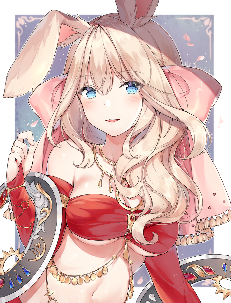 1girl animal_ears ayuanlv bandeau bangs bare_shoulders blue_eyes blush bow breasts bridal_gauntlets brown_hair bunny_ears chakram cleavage dancer_(fft) final_fantasy final_fantasy_xiv hair_between_eyes hair_bow hand_up highres jewelry long_hair looking_at_viewer medium_breasts midriff mole mole_under_eye navel neck_ring necklace parted_lips pink_bow smile solo stomach upper_body viera wavy_hair weapon