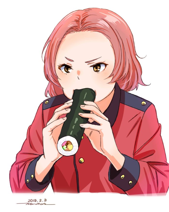 1girl artist_name brown_eyes commentary cropped_torso dated ehoumaki epaulettes food food_in_mouth girls_und_panzer holding holding_food horikou jacket long_sleeves makizushi military military_uniform red_hair red_jacket rosehip short_hair signature simple_background solo st._gloriana's_military_uniform sushi uniform upper_body white_background