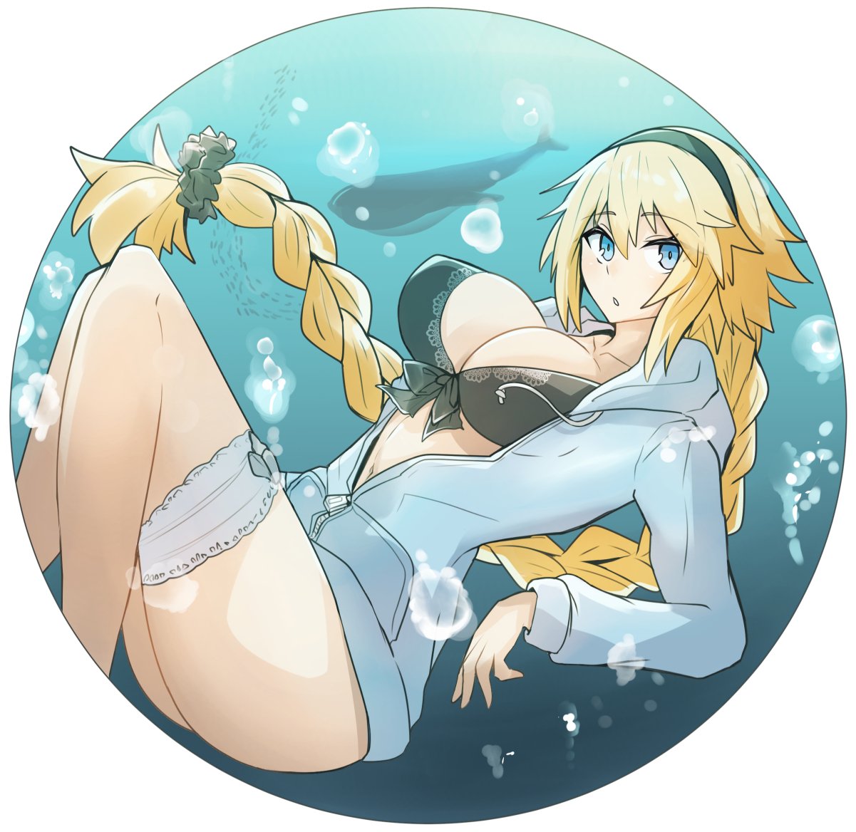 1girl bikini_top blonde_hair blue_eyes braid breasts bubble fate/grand_order fate_(series) gin_moku hairband hood hoodie jeanne_d'arc_(fate)_(all) jeanne_d'arc_(swimsuit_archer) large_breasts long_hair navel open_clothes open_hoodie thigh_strap underwater whale