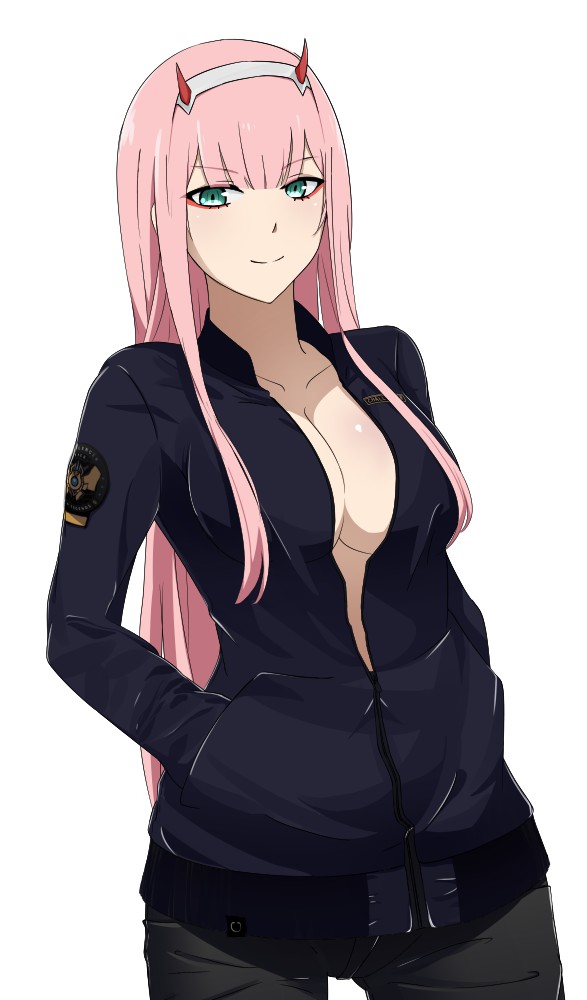 1girl black_jacket black_pants breasts cleavage closed_mouth collarbone cowboy_shot darling_in_the_franxx green_eyes hairband hands_in_pockets horns jacket large_breasts long_hair long_sleeves looking_at_viewer makeup mascara open_clothes open_jacket pants partially_unzipped pink_hair rizuta shiny shiny_hair simple_background smile solo standing straight_hair thigh_gap very_long_hair white_background white_hairband zero_two_(darling_in_the_franxx)