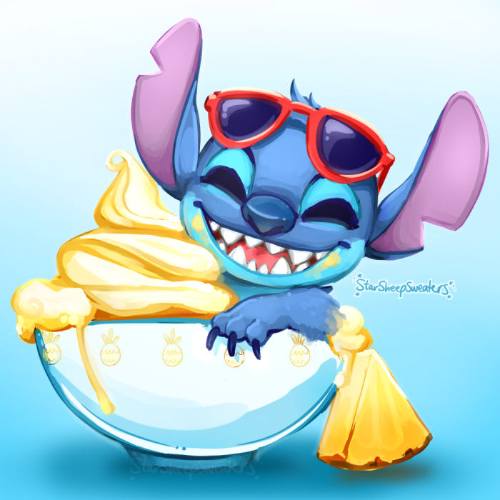 1:1 2019 alien blue_claws blue_eyes blue_fur blue_nose bowl claws dessert disney dole_whip experiment_(species) eyewear eyewear_on_head food fruit fur gradient_background happy head_tuft ice_cream lilo_and_stitch looking_at_viewer open_mouth open_smile pineapple plant simple_background smile solo starsheepsweaters stitch sunglasses sunglasses_on_head tuft