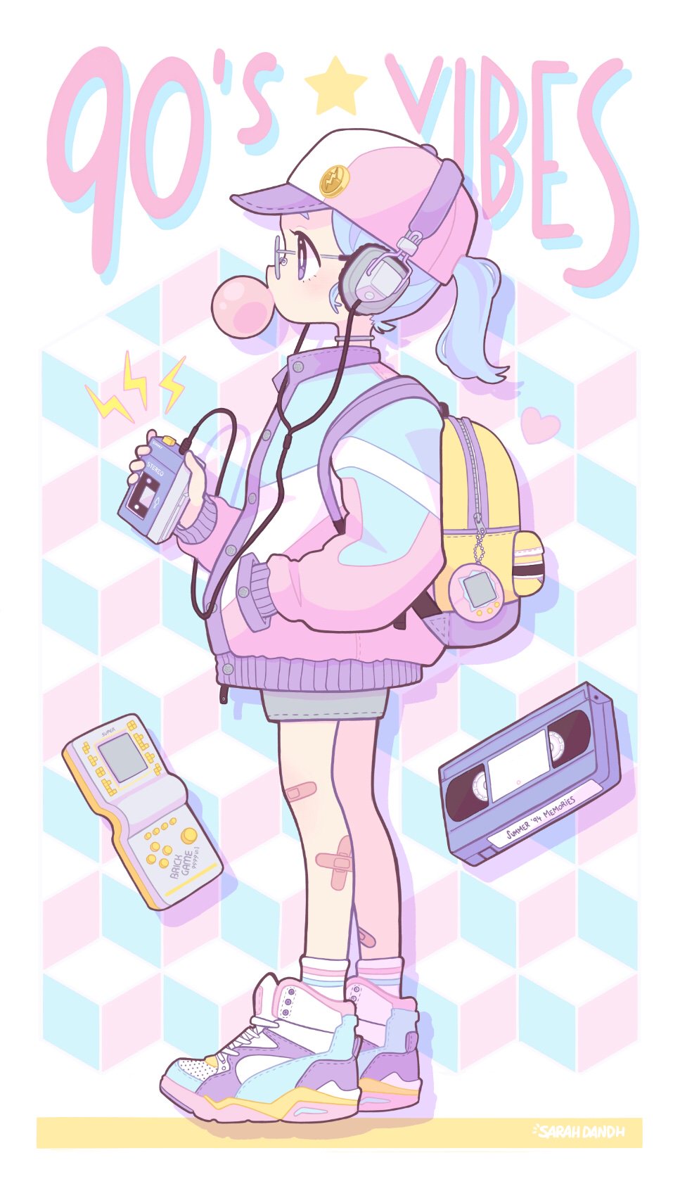 1girl artist_name backpack bag bandages blue_hair chewing_gum choker commentary eyebrows from_side full_body glasses hat headphones heart highres looking_away original pink_headwear purple_eyes sarah_dandh shoes short_hair short_ponytail sneakers solo videocasette walkman