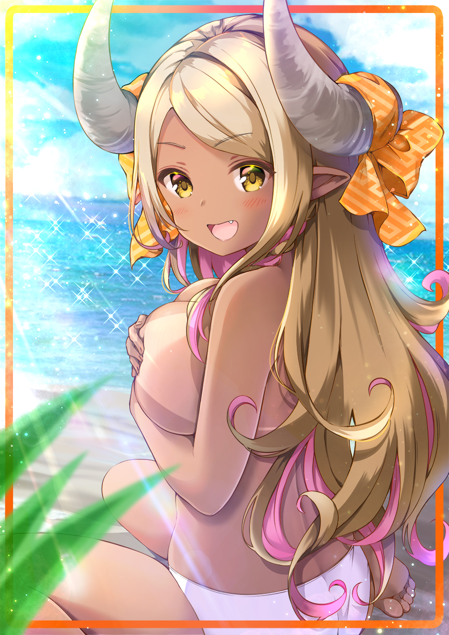 1girl :d ass bangs beach bikini_tan blonde_hair blue_sky blush breasts cloud covering covering_breasts day draph eyebrows_visible_through_hair fang granblue_fantasy highres horn_ribbon horns kuvira_(granblue_fantasy) large_breasts long_hair looking_at_viewer looking_back multicolored_hair ocean open_mouth outdoors parted_bangs pilokey pink_hair plaid plaid_ribbon pointy_ears ribbon sitting sky smile solo tan tanline topless two-tone_hair very_long_hair white_bikini_bottom yellow_eyes yellow_ribbon