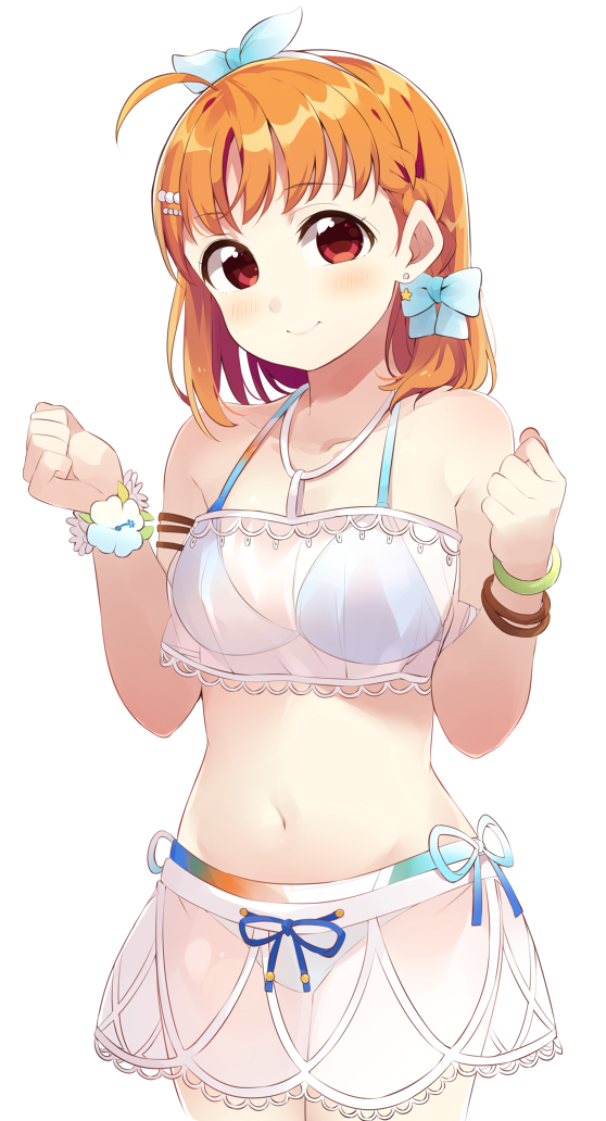 1girl ahoge bikini bikini_under_clothes blue_bikini blue_bow blue_hairband blush bow bracelet breasts clenched_hands closed_mouth collarbone earrings eyebrows_visible_through_hair flower_bracelet hair_bow hairband jewelry looking_at_viewer love_live! love_live!_sunshine!! medium_breasts navel orange_hair red_eyes short_hair simple_background smile solo star star_earrings swimsuit takami_chika totoki86 white_background