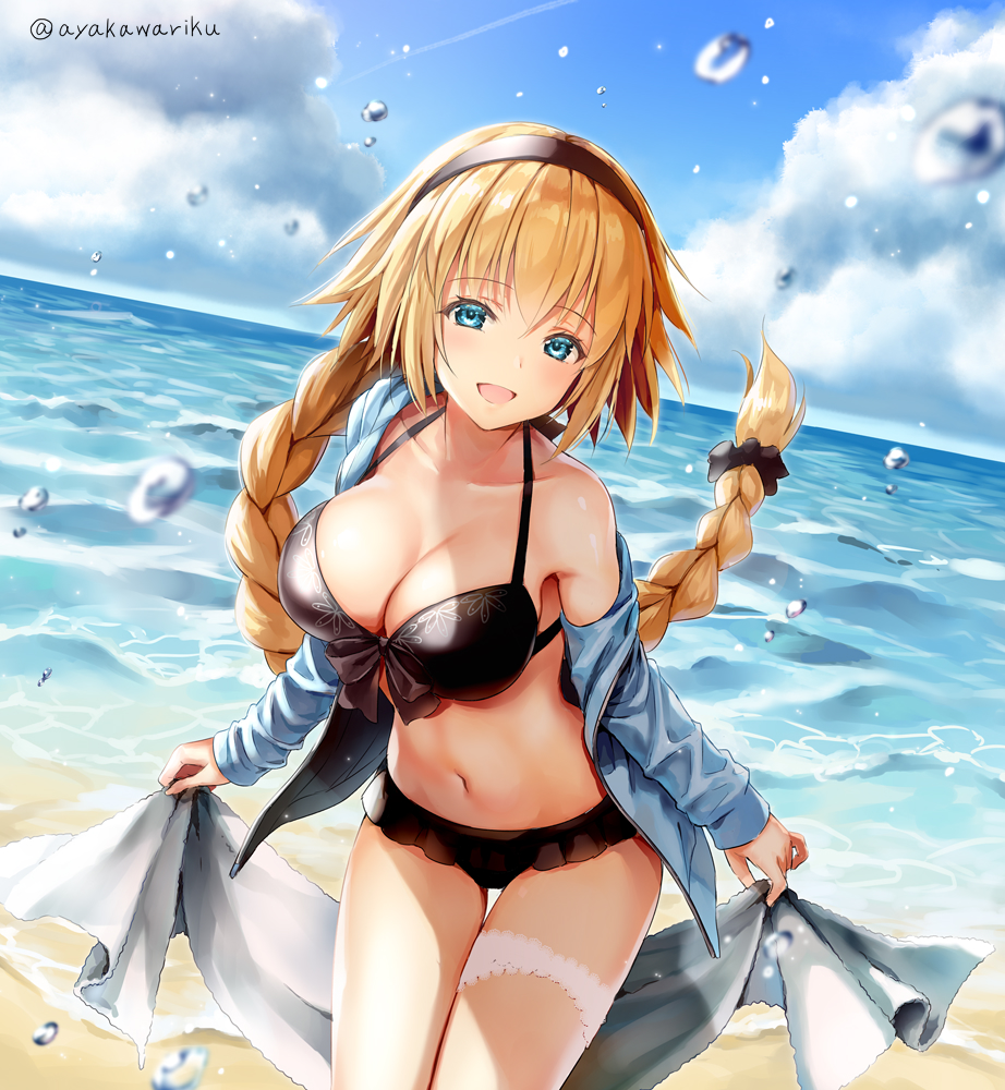 1girl :d ayakawa_riku bangs beach bikini black_bikini black_bow black_hairband blonde_hair blue_eyes blue_jacket blue_sky blurry bow braid breasts cleavage collarbone commentary_request day depth_of_field eyebrows_visible_through_hair fate/apocrypha fate/grand_order fate_(series) frilled_bikini frills front-tie_bikini front-tie_top hair_bow hairband holding horizon jacket jeanne_d'arc_(fate)_(all) jeanne_d'arc_(swimsuit_archer) large_breasts leaning_forward long_hair long_sleeves navel ocean off_shoulder open_clothes open_jacket open_mouth outdoors single_bare_shoulder single_braid sky smile solo stomach swimsuit thigh_gap thigh_strap towel twitter_username very_long_hair water water_drop