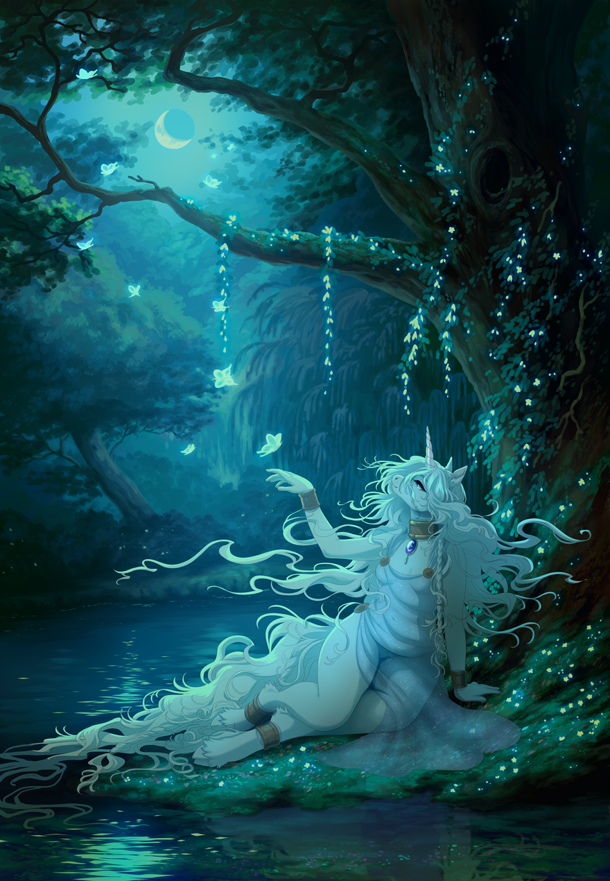 2019 5_fingers akitamonster ambient_butterfly ambient_insect anklet anthro arm_support arthropod biped bracelet breasts butterfly clothed clothing creek detailed_background digital_media_(artwork) dress equid female fingers forest fur hair hi_res hooves horn insect jewelry lepidopteran long_hair long_tail looking_up mammal moon necklace night outside reclining small_breasts solo translucent translucent_clothing tree unicorn unicorn_horn white_fur white_hair white_horn white_tail