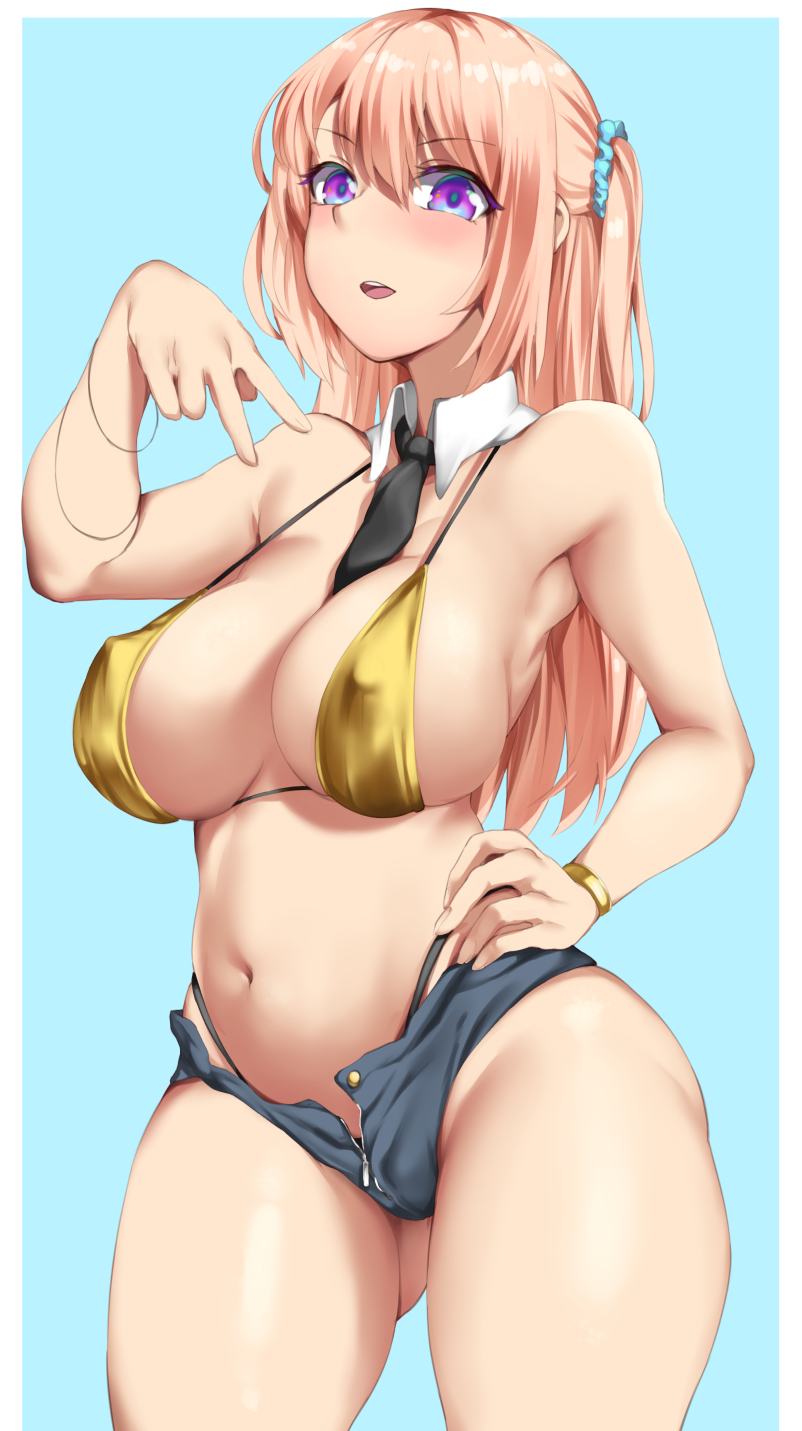 1girl ass_visible_through_thighs bangs between_breasts bikini black_neckwear black_panties blue_background blue_scrunchie blue_shorts blush bracelet breasts covered_nipples cowboy_shot dantes_ward detached_collar eyebrows_visible_through_hair gyaru hair_between_eyes hair_ornament hair_scrunchie hand_on_hip highleg highleg_panties highres jewelry kogal large_breasts long_hair looking_at_viewer micro_bikini micro_shorts navel necktie necktie_between_breasts one_side_up open_clothes open_mouth open_shorts original panties pink_hair purple_eyes revealing_clothes scrunchie shorts simple_background solo swimsuit tan underwear unzipped yellow_bikini_top zipper zipper_pull_tab