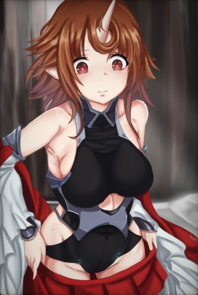 1girl azur_lane bangs bare_shoulders black_legwear blush breasts brown_hair detached_sleeves eyebrows_visible_through_hair hair_between_eyes hair_ornament horn looking_at_viewer medium_breasts mogami_(azur_lane) navel pleated_skirt pointy_ears red_eyes rinne-sama short_hair skirt solo thighhighs wide_sleeves