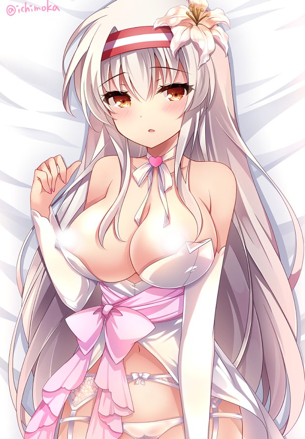 1girl babydoll bare_shoulders bed_sheet blush breasts cameltoe choker cleavage collarbone flower garter_belt hair_flower hair_ornament hand_up headband heart ichiyou_moka kantai_collection large_breasts light_censor lingerie long_hair looking_at_viewer lying navel on_back orange_eyes panties parted_lips ribbon_choker shoukaku_(kantai_collection) silver_hair solo stomach twitter_username underwear upper_body very_long_hair white_flower white_panties