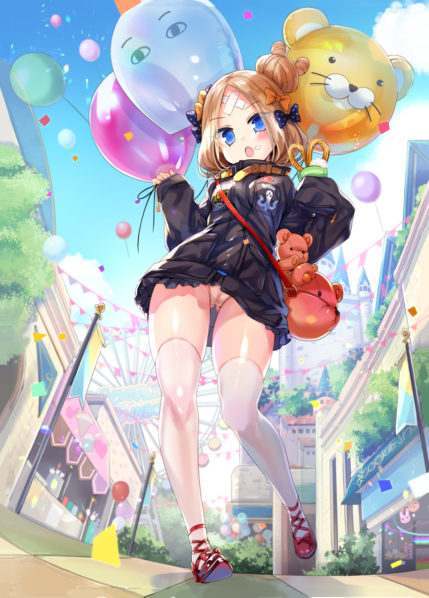 1girl abigail_williams_(fate/grand_order) animal_bag ass_visible_through_thighs bag balloon bangs black_bow black_jacket blonde_hair blue_eyes blue_sky blush bow breasts cameltoe cloud cloudy_sky commentary_request crepe day fate/grand_order fate_(series) food food_on_face full_body hair_bow hair_bun hands_up heroic_spirit_traveling_outfit holding holding_balloon holding_food jacket jin_young-in long_hair long_sleeves looking_at_viewer looking_down medjed object_hug open_mouth orange_bow outdoors panties parted_bangs pennant polka_dot polka_dot_bow red_footwear shoes shoulder_bag sky sleeves_past_fingers sleeves_past_wrists small_breasts solo stall string_of_flags stuffed_animal stuffed_toy teddy_bear thighhighs transparent underwear white_legwear white_panties