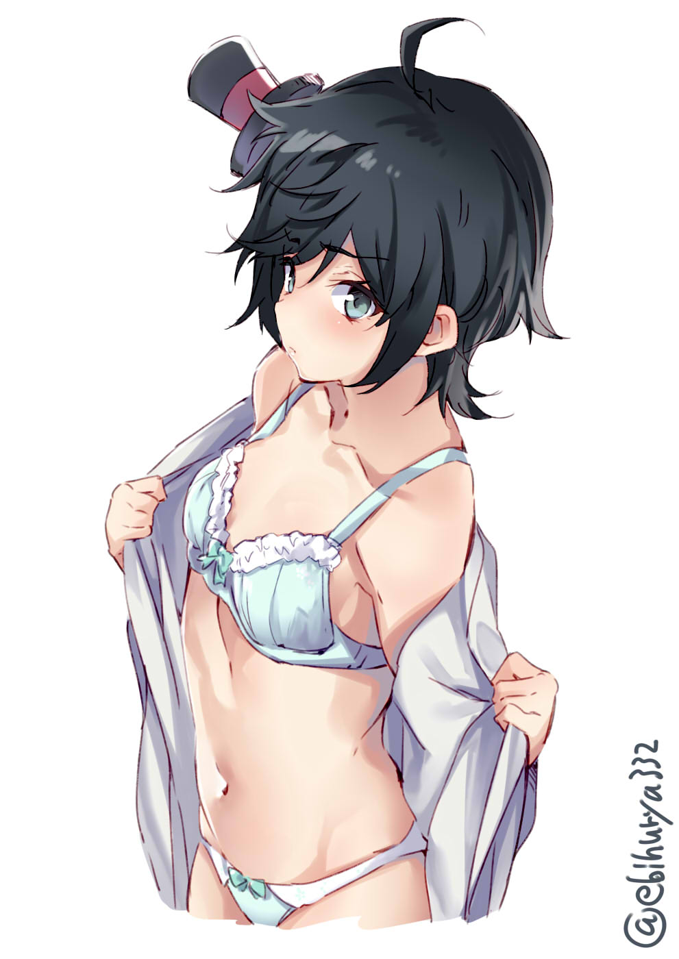 1girl ahoge bangs bare_shoulders black_hair bra breasts cowboy_shot cropped_legs ebifurya from_above from_side green_eyes groin hat highres japanese_clothes kantai_collection kimono matsukaze_(kantai_collection) meiji_schoolgirl_uniform mini_hat mini_top_hat navel panties short_hair small_breasts solo stomach swept_bangs top_hat twitter_username underwear white_bra white_panties