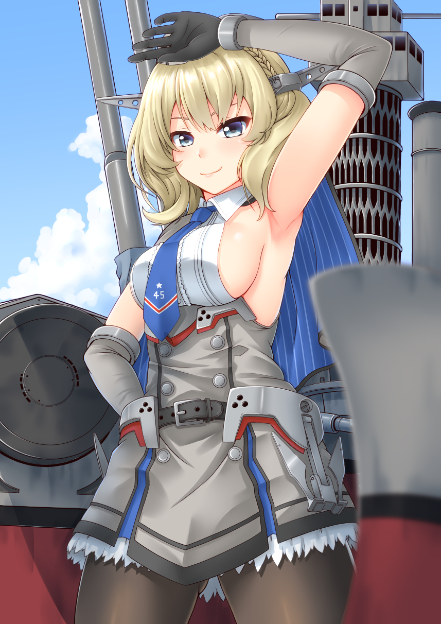 1girl ass_visible_through_thighs black_gloves black_legwear blonde_hair blue_eyes blue_neckwear blue_sky breasts cannon capelet cloud colorado_(kantai_collection) commentary_request dress elbow_gloves garrison_cap gloves grey_dress hat headgear highres kantai_collection large_breasts machinery necktie pantyhose pleated_dress pose sano_souichi shirt short_hair side_braids sideboob sky sleeveless solo standing white_shirt