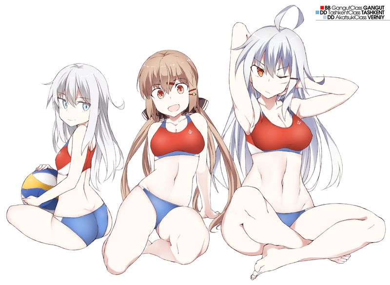 3girls alternate_costume barefoot beach_volleyball bikini black_bow blue_eyes bow brown_eyes brown_hair character_name facial_scar gangut_(kantai_collection) hair_bow hibiki_(kantai_collection) indian_style kantai_collection long_hair looking_at_viewer low_twintails mismatched_bikini multiple_girls orange_eyes scar scar_on_cheek silver_hair simple_background sitting souji sports_bikini swimsuit tashkent_(kantai_collection) twintails verniy_(kantai_collection) volleyball white_background