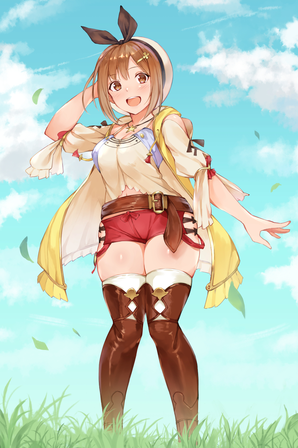 1girl :d atelier_(series) atelier_ryza belt blue_sky breasts brown_eyes brown_hair brown_legwear cleavage cloud commentary_request eyebrows_visible_through_hair fumikiri grass hair_ornament hairclip highres jewelry looking_at_viewer medium_breasts navel necklace open_mouth red_shorts reisalin_stout short_hair short_shorts shorts sky smile solo standing star teeth thighhighs thighs upper_teeth white_headwear white_legwear