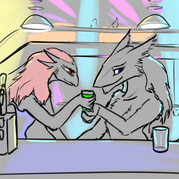 1:1 2011 alcohol alien bedroom_eyes beverage clothed clothing club_(disambiguation) digital_media_(artwork) duo eye_contact eyelashes hair half-closed_eyes hand_holding hybrid inside james_misjizdran lights long_hair looking_at_another male mane multi_ear neveran nude orange_eyes seductive sergal sitting sketch smile talyxian test_pattern tozol valcien