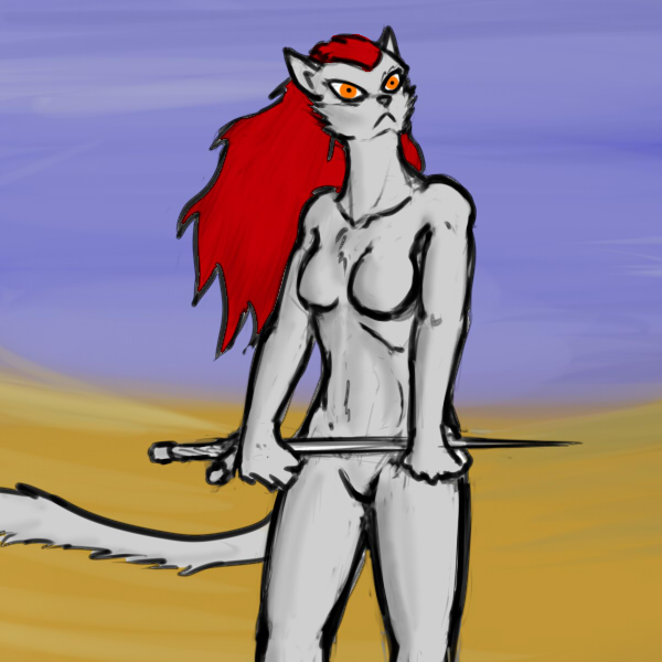 1:1 2011 anthro breasts chest_tuft desert digital_media_(artwork) featureless_breasts featureless_crotch female hair long_hair long_tail looking_away mammal melee_weapon mustela mustelid musteline nude orange_eyes outside portrait red_hair sand shadran solo sword talyxian test_pattern three-quarter_portrait tuft weapon