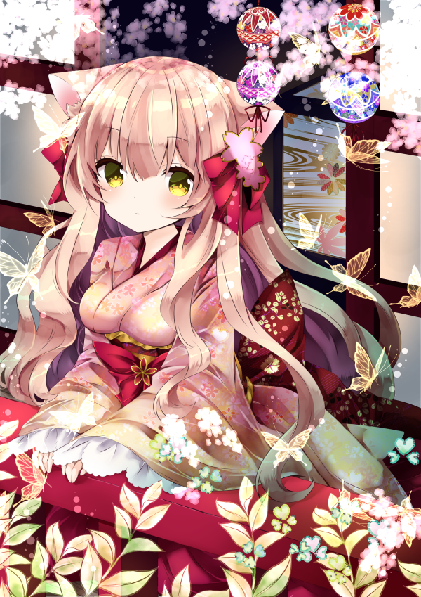 1girl animal_ear_fluff animal_ears bangs blush bow brown_hair bug butterfly cat_ears closed_mouth commentary_request eyebrows_visible_through_hair floral_print flower hair_between_eyes hair_bow hair_flower hair_ornament insect japanese_clothes kimono long_hair long_sleeves looking_at_viewer nanase_kureha nanase_nao original pink_flower pink_kimono print_kimono railing red_bow sleeves_past_wrists solo very_long_hair wide_sleeves yellow_eyes