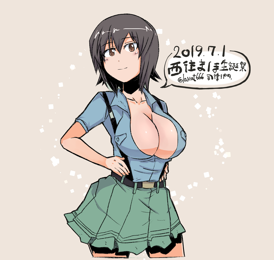 1girl aoshidan_school_uniform bangs blush breasts brown_background brown_eyes brown_hair cleavage collarbone girls_und_panzer green_skirt hand_on_hip looking_at_viewer nishizumi_maho pleated_skirt school_uniform shirt short_hair sideboob simple_background skirt smile solo speech_bubble standing suspenders thighs tsukasa-emon twitter_username