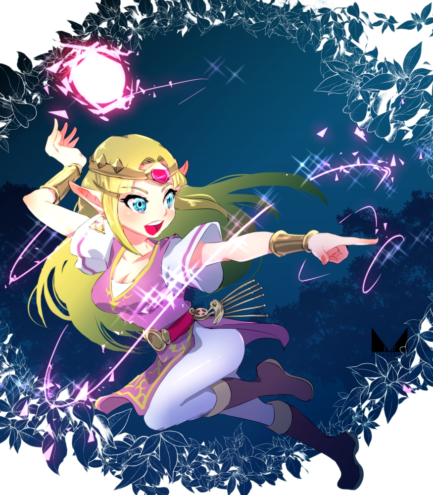 1girl :d blonde_hair blue_eyes boots bracer breasts brown_footwear cadence_of_hyrule chichi_band cleavage crypt_of_the_necrodancer earrings gem hair_intakes index_finger_raised jewelry leg_up long_hair magic medium_breasts open_mouth pants pointy_ears princess_zelda round_teeth short_sleeves smile solo teeth the_legend_of_zelda tiara triforce white_pants