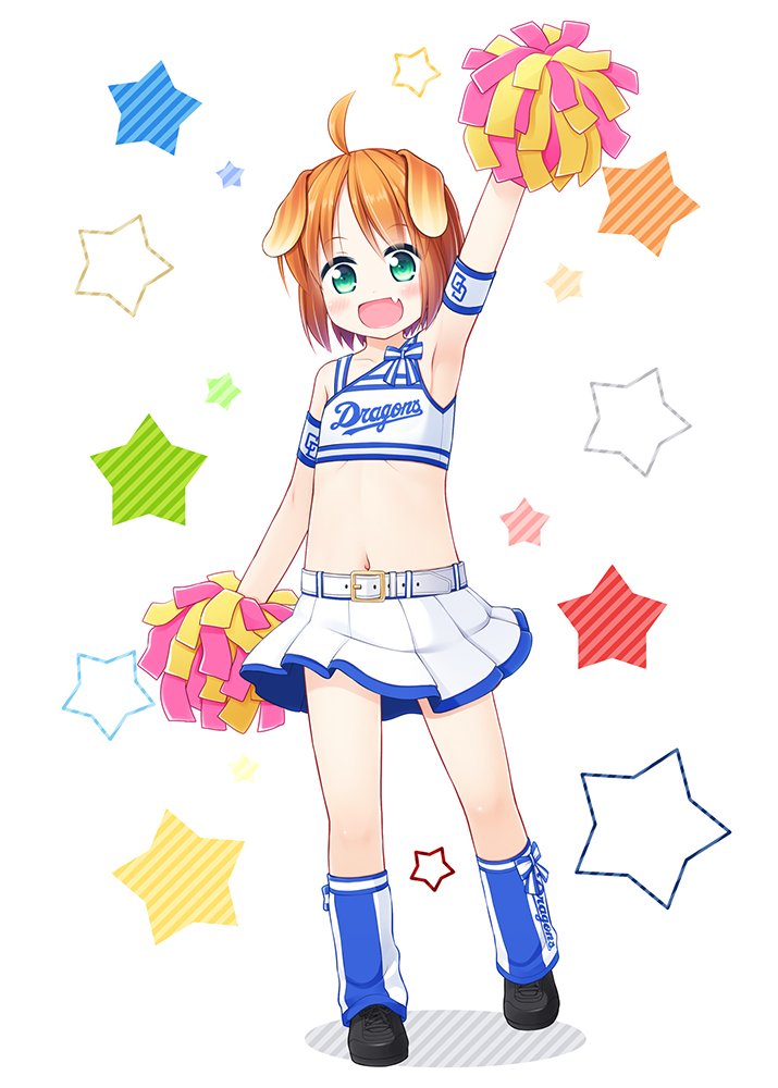 1girl :d ahoge animal_ears arm_up bangs bare_shoulders belt belt_buckle blue_bow blue_legwear blush bow brown_hair buckle cheerleader collarbone commentary_request crop_top diagonal_stripes dog_ears eyebrows_visible_through_hair fang green_eyes holding inuarashi kneehighs loose_socks meiko_(inuarashi) midriff navel open_mouth original pleated_skirt pom_poms shadow skirt smile solo standing standing_on_one_leg star starry_background striped striped_bow white_background white_belt white_skirt