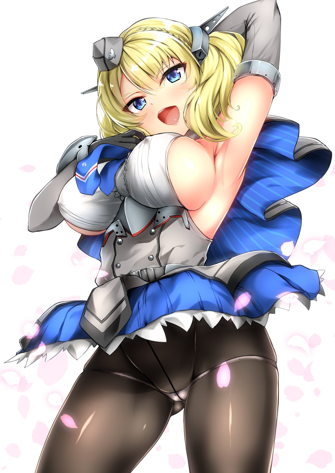 1girl arm_up armpits black_gloves black_legwear blonde_hair blue_eyes blue_neckwear breasts cameltoe capelet colorado_(kantai_collection) commentary_request crotch_seam dress elbow_gloves from_behind garrison_cap gloves grey_dress hand_on_own_chest hat headgear highres kantai_collection kuon_(break_through) large_breasts looking_at_viewer necktie pantyhose pleated_dress shirt short_hair side_braids sideboob simple_background sleeveless smile solo upper_body white_background white_shirt
