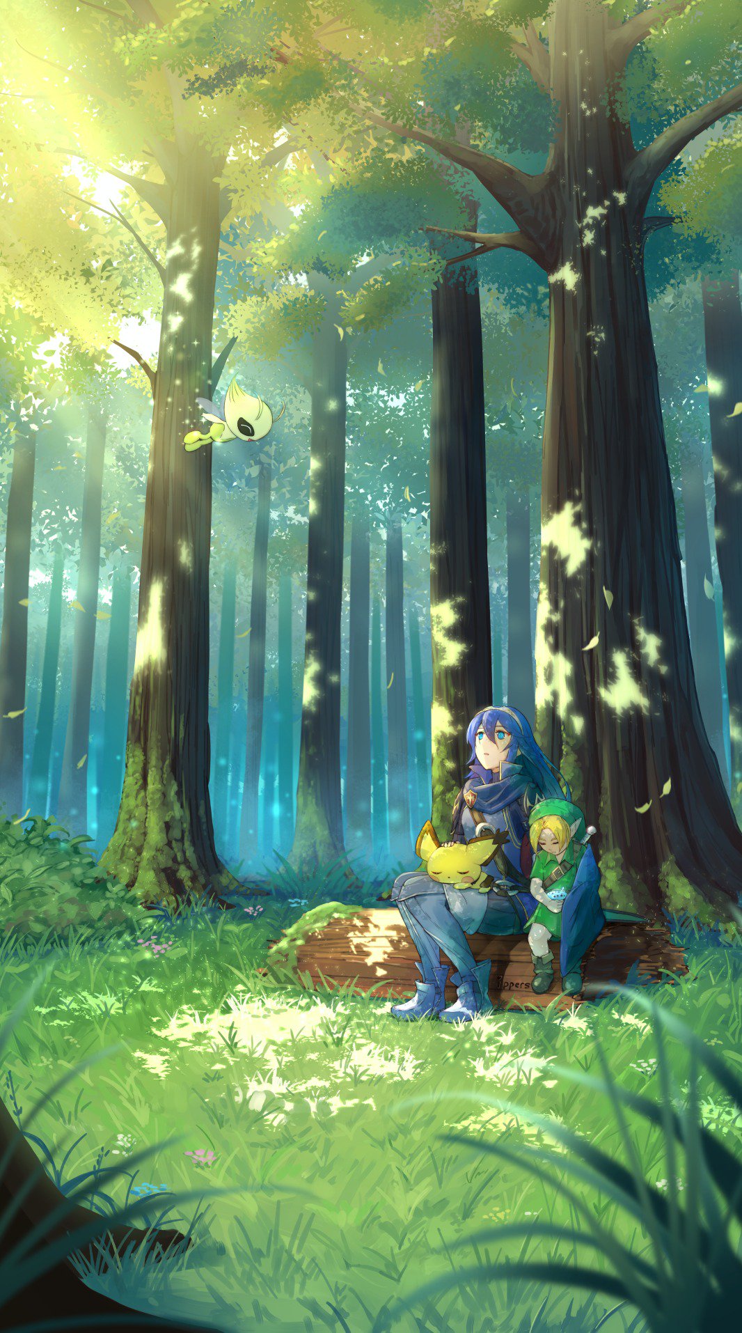 1boy 1girl blue_eyes blue_hair cape fingerless_gloves fire_emblem fire_emblem:_kakusei forest gen_2_pokemon gloves hair_between_eyes highres ippers long_hair lucina nature pichu pointy_ears pokemon pokemon_(creature) super_smash_bros. the_legend_of_zelda the_legend_of_zelda:_majora's_mask the_legend_of_zelda:_ocarina_of_time tunic young_link